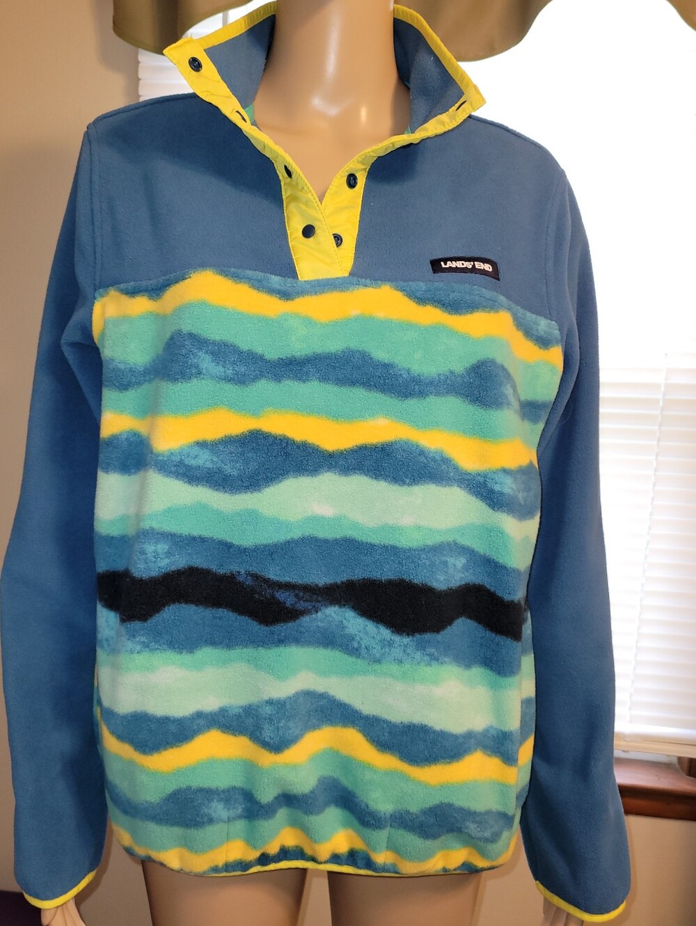 Lands' End - Blue, Yellow & Teal 4 Snap Front Fleece Pullover.  Size Small.